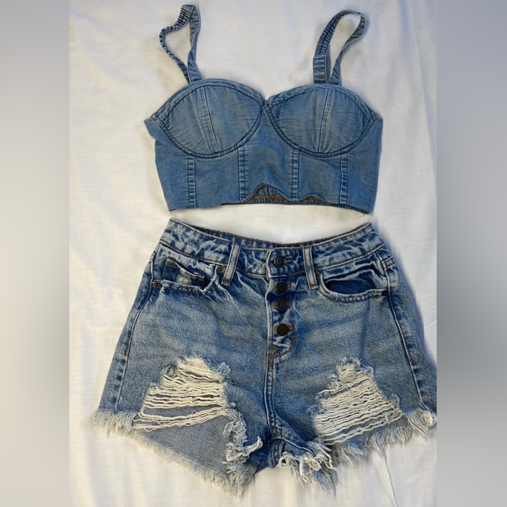 Distressed Light Blue Denim Jacket and Strapless Denim Bustier Set